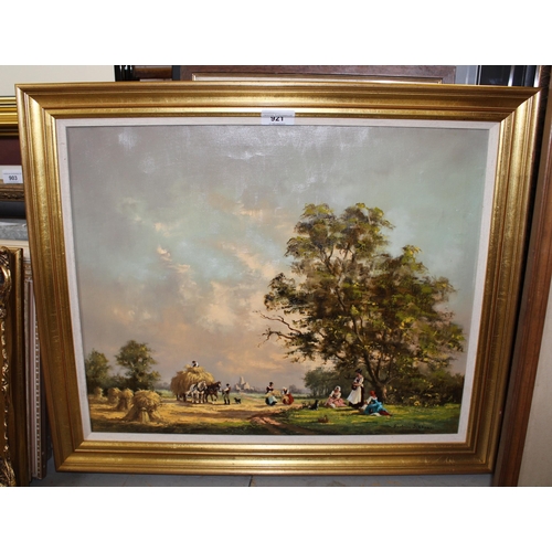 921 - Gudrun Sibbons, oil on canvas, landscape scene with figures harvesting, signed and gilt framed, 40cm... 