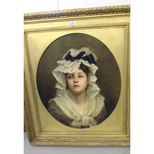 924 - 19th Century oil on canvas, head and shoulder portrait of a young girl in a white bonnet, monogramme... 