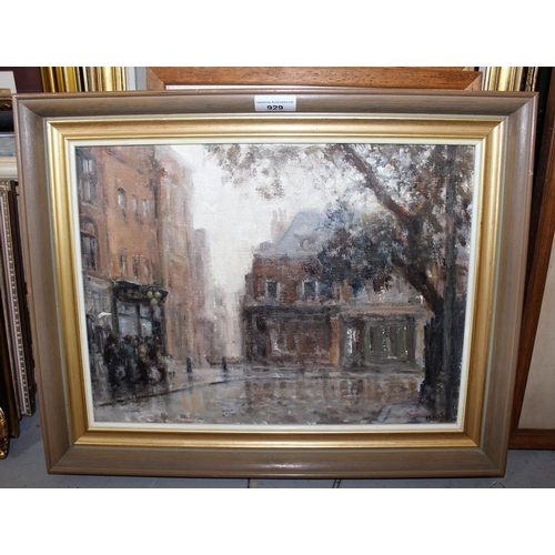 929 - Modern British school, oil on board, street scene with figures, signed Mills, 30cms x 40cms approxim... 