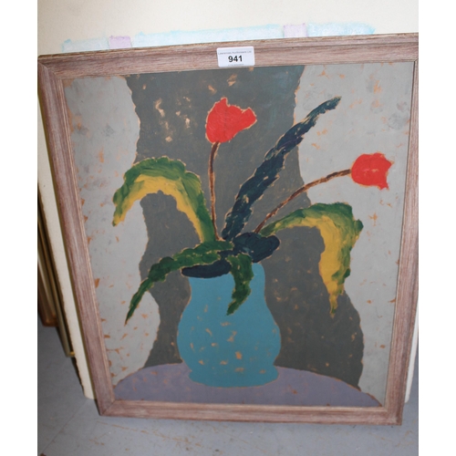 941 - Modern British school oil on board, red flowers and foliage in a vase, together with an unframed mix... 