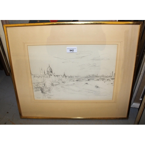 942 - W.L. Wyllie monogrammed pencil drawing, The Thames near Blackfriars Bridge, 24cms x 34cms