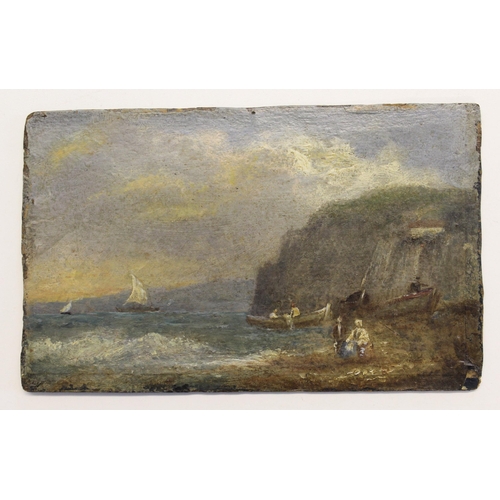 943 - Two unframed 19th Century oils, landscape with two figures cutting wood, and coastal view with fishe... 