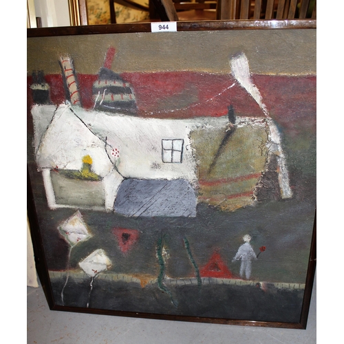 944 - Mid 20th Century, folk art style oil and collage, white cottage and kites, 54cms x 51cms