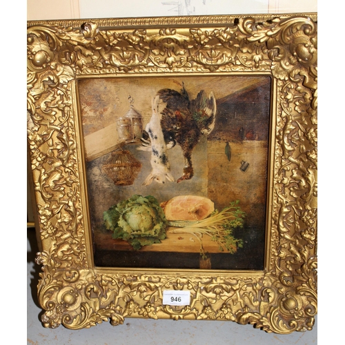 946 - B. Blake, (Benjamin Blake?) signed oil on paper laid on panel, still life with game, vegetables and ... 