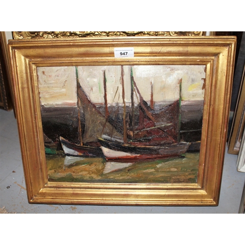 947 - Early 20th Century oil on board, study of fishing boats, signed De Winter, 27cms x 35cms