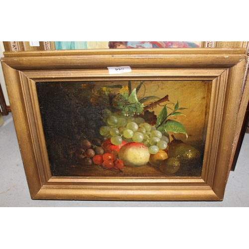 950 - 19th Century oil on panel, still life with grapes, apples and cherries, 21cms x 31cms