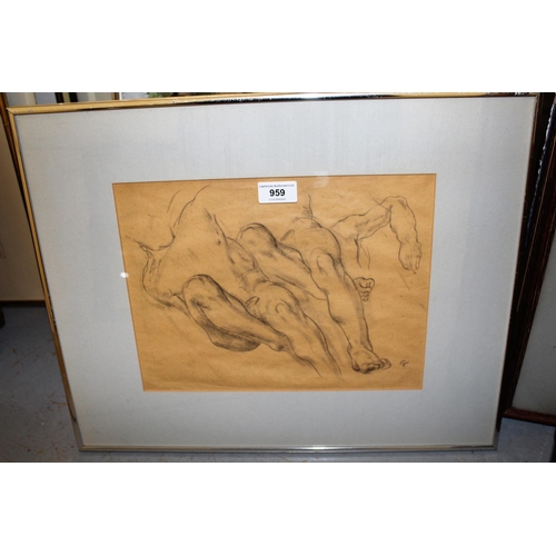 959 - Framed pencil drawing, male figure studies, monogrammed ' G ', (Gromaire?), 24cms x 32cms