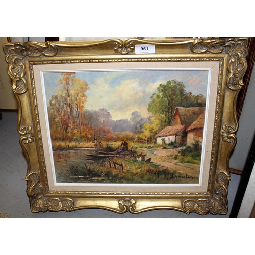 961 - Eugene Demester, signed oil on canvas, rural scene with figures by a pond, 26cms x 34cms