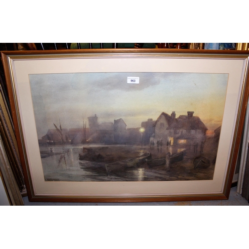 963 - A. Montgomerie, signed watercolour, harbour scene at night, together with an unframed gouache painti... 