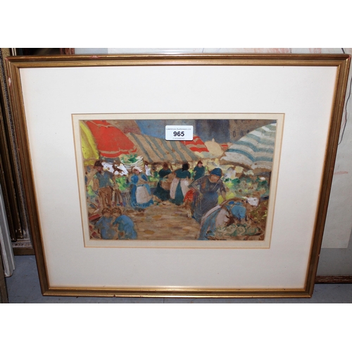 965 - Two framed watercolours, figures at a busy street market, and study of two boys on a quayside, signe... 