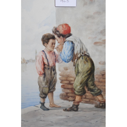 965 - Two framed watercolours, figures at a busy street market, and study of two boys on a quayside, signe... 