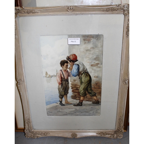 965 - Two framed watercolours, figures at a busy street market, and study of two boys on a quayside, signe... 