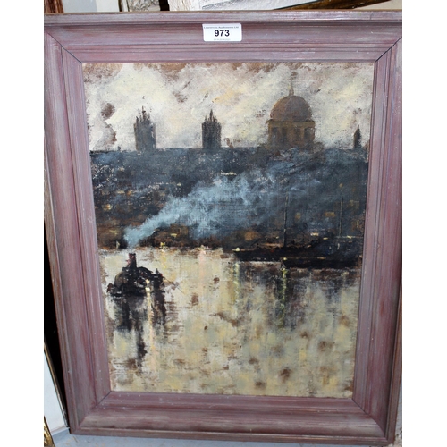 973 - Oil on canvas, shipping on the Thames at St Pauls at night, 40cms x 30cms