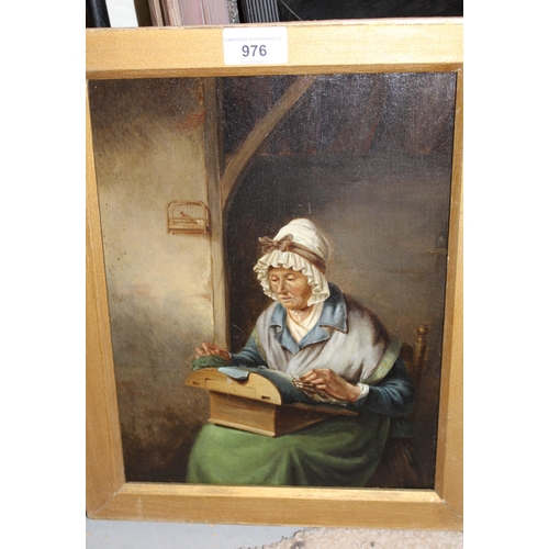 976 - 18th / 19th Century oil on panel, lacemaker in an interior, inscribed verso ' La Dentelliere ', 30cm... 