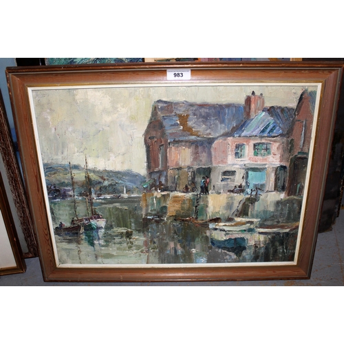 983 - Oil on board, harbour scene with figures on a quayside, bearing label verso ' Mary McCrossan ', 35cm... 