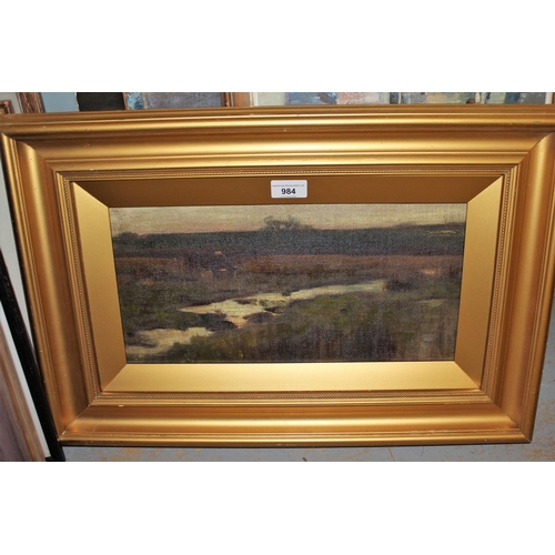 984 - Early 20th Century oil on canvas laid on board, landscape at sunset with cattle grazing by a stream,... 