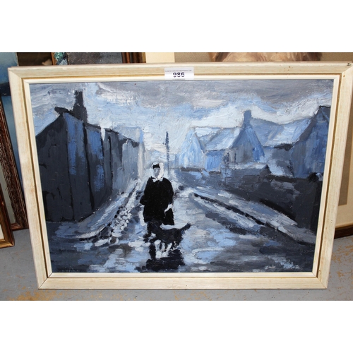 986 - Welsh school oil on board, street scene with figure and dog, bearing inscription verso, ' Merthyr ',... 