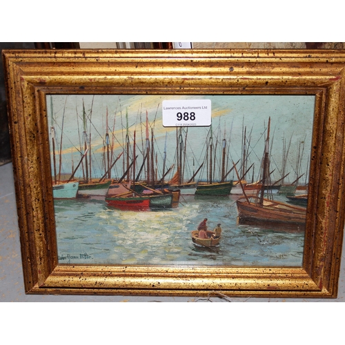 988 - Two framed oils, harbour scene with boats and figures in an open boat, signed A. Yann Nibor, and stu... 