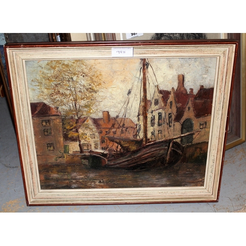 988 - Two framed oils, harbour scene with boats and figures in an open boat, signed A. Yann Nibor, and stu... 