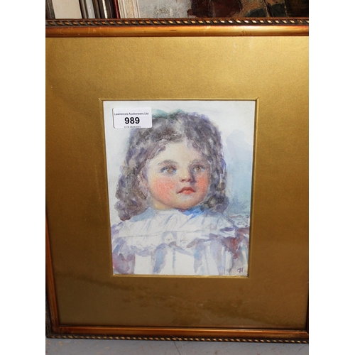 989 - Gertrude Demain Hammond, monogrammed watercolour, portrait of a child, 20cms x 15cms