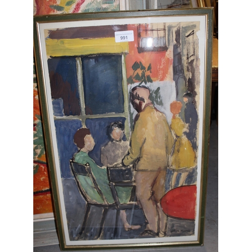 991 - Jean Young, two signed mixed media paintings, figures seated at a cafe table, largest 48cms x 38cms