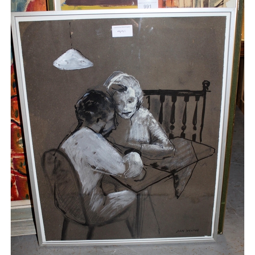 991 - Jean Young, two signed mixed media paintings, figures seated at a cafe table, largest 48cms x 38cms