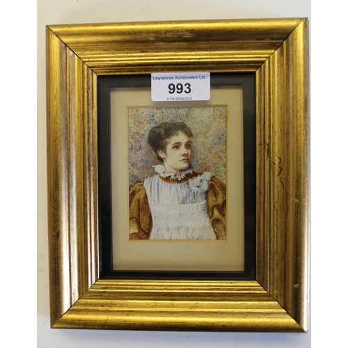 993 - Miniature portrait painting on ivorine, of a young lady, gilt framed