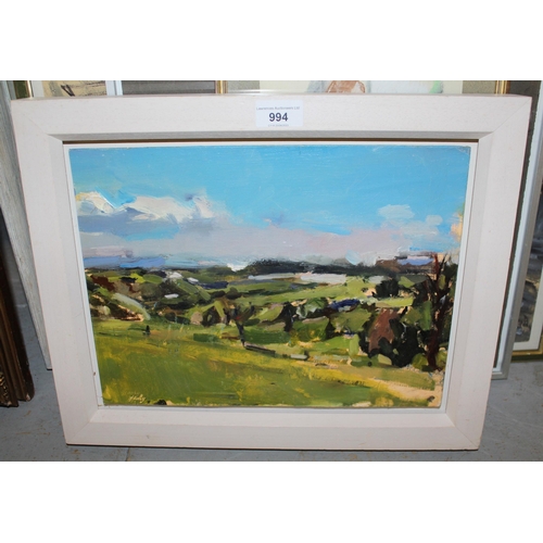 994 - Oil on board, view across a landscape, inscribed Healy 25cms x 34cms