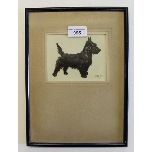 995 - Small print on ivorine after Cecil Aldin, of a Scots terrier, framed, 9.5cms x 12cms