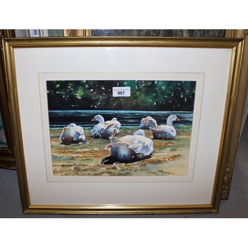 997 - Angela Hawkey, watercolour, study of geese, signed, gilt framed, 23cm x 32cm