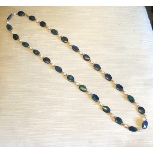 830 - 9ct Gold mounted lapis lazuli and freshwater pearl necklace, 80cm long