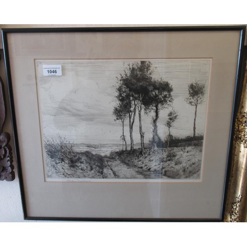 1046 - Herbert Dicksee, signed etching, rural landscape, 26cms x 35cms together with four other various sma... 