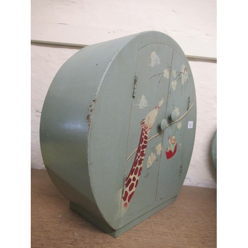 214 - 1930's Blue painted  wooden dolls house bedroom suite comprising : wardrobe, dressing table with sto... 