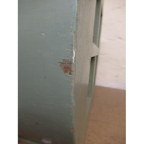 214 - 1930's Blue painted  wooden dolls house bedroom suite comprising : wardrobe, dressing table with sto... 