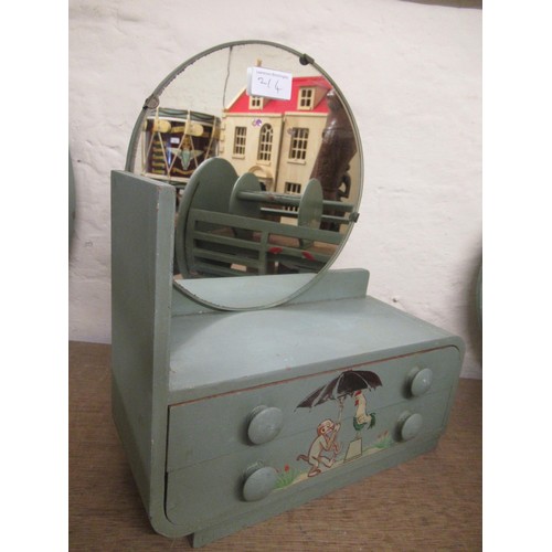 214 - 1930's Blue painted  wooden dolls house bedroom suite comprising : wardrobe, dressing table with sto... 