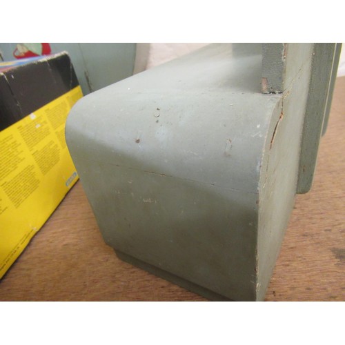 214 - 1930's Blue painted  wooden dolls house bedroom suite comprising : wardrobe, dressing table with sto... 