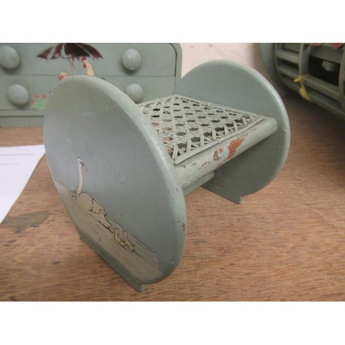 214 - 1930's Blue painted  wooden dolls house bedroom suite comprising : wardrobe, dressing table with sto... 