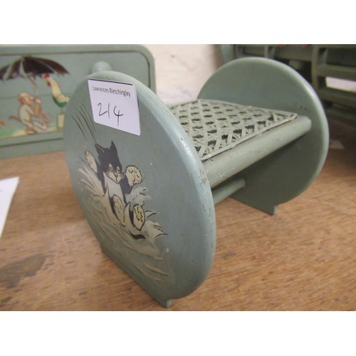 214 - 1930's Blue painted  wooden dolls house bedroom suite comprising : wardrobe, dressing table with sto... 