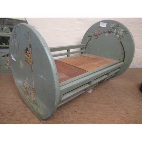 214 - 1930's Blue painted  wooden dolls house bedroom suite comprising : wardrobe, dressing table with sto... 