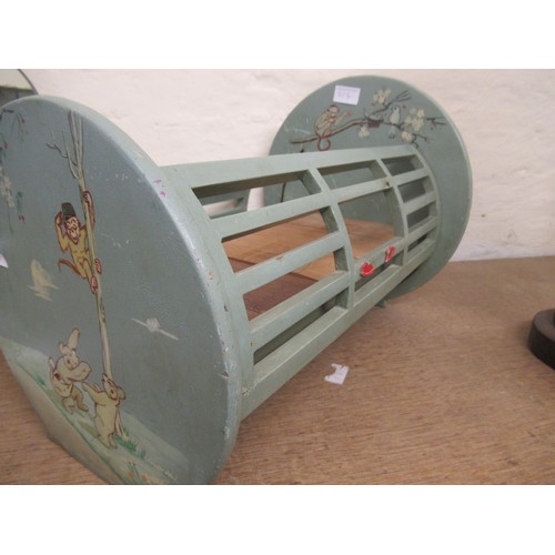 214 - 1930's Blue painted  wooden dolls house bedroom suite comprising : wardrobe, dressing table with sto... 