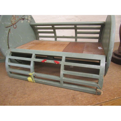 214 - 1930's Blue painted  wooden dolls house bedroom suite comprising : wardrobe, dressing table with sto... 