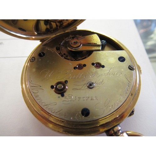 791 - 18ct Gold cased crown wind open faced pocket watch, the enamel dial with Roman and Arabic numerals, ... 