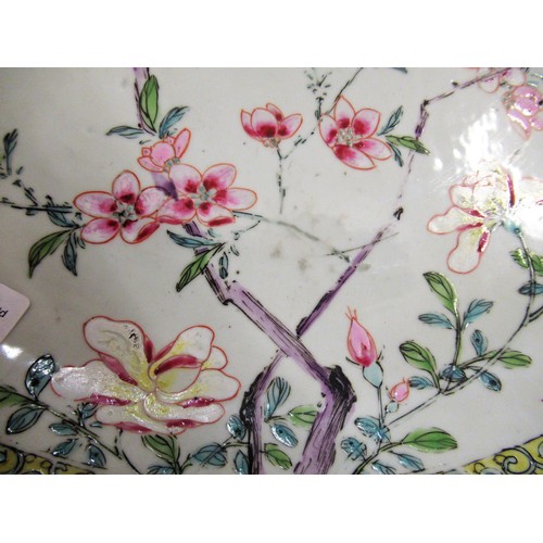 420 - Chinese circular porcelain charger, painted with a bird (chip to rim), 36cms diameter, together with... 