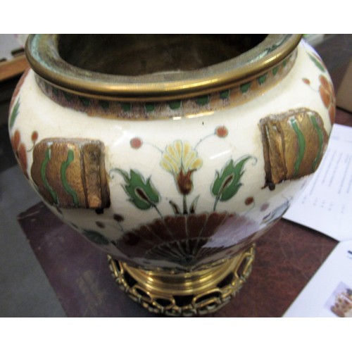 531 - Zsolnay type pottery and brass mounted oil lamp base with stylised floral decoration, 41cms high ove... 