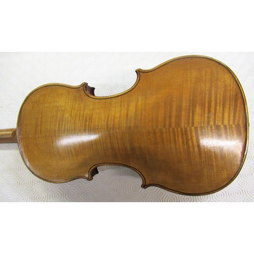 364 - Violin (14in back) and bow in a fitted case,