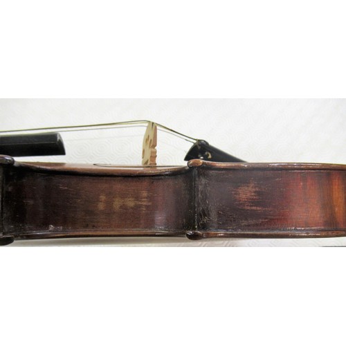 364 - Violin (14in back) and bow in a fitted case,