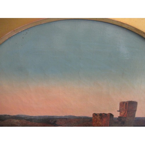 1064 - 19th Century oil on canvas, castle ruins in a landscape, 41cms diameter (circular mounted), gilt fra... 