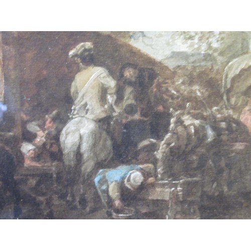 1127 - Antique Dutch school, watercolour, figures with horses outside a tavern