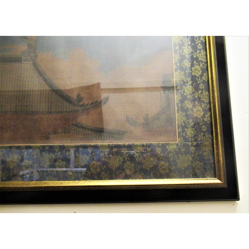 50 - 20th Century Chinese coloured print on silk, cranes in flight above a temple, 51cms x 74cms, framed