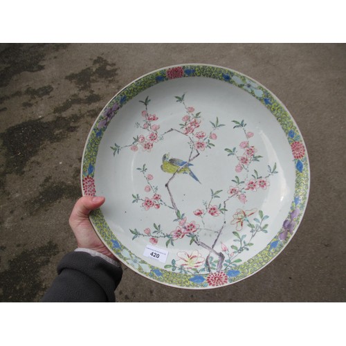 420 - Chinese circular porcelain charger, painted with a bird (chip to rim), 36cms diameter, together with... 